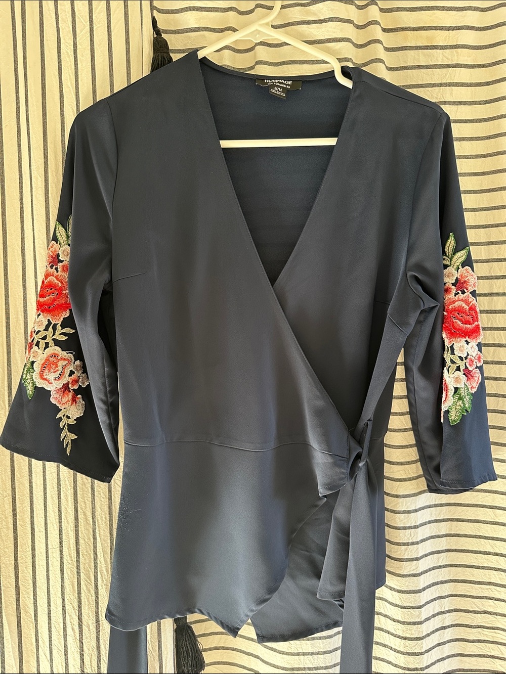 Navy Wrap Top with Embroidered Floral Sleeves